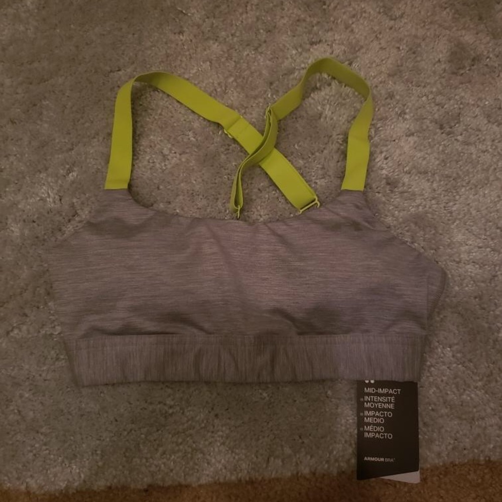 Under Armour Heather Gray Sports Bra with Neon Yellow Straps